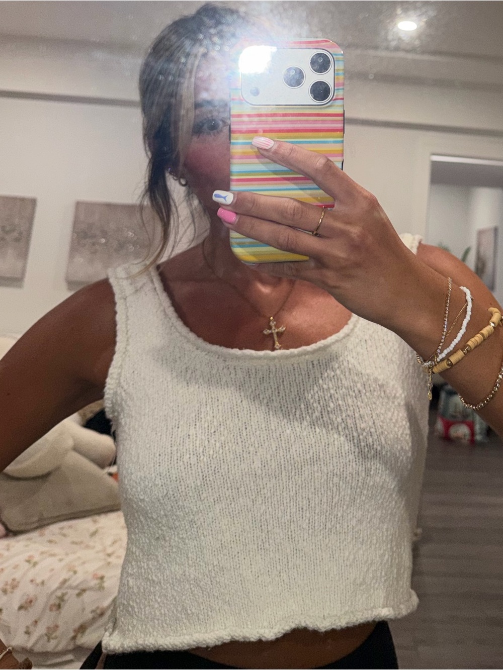 Cropped Cream Knit Tank Top - Casual Women's Sleeveless Crop